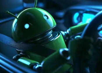 Mascota de Android dentro de un coche, imagen sobre malware en unidades multimedia