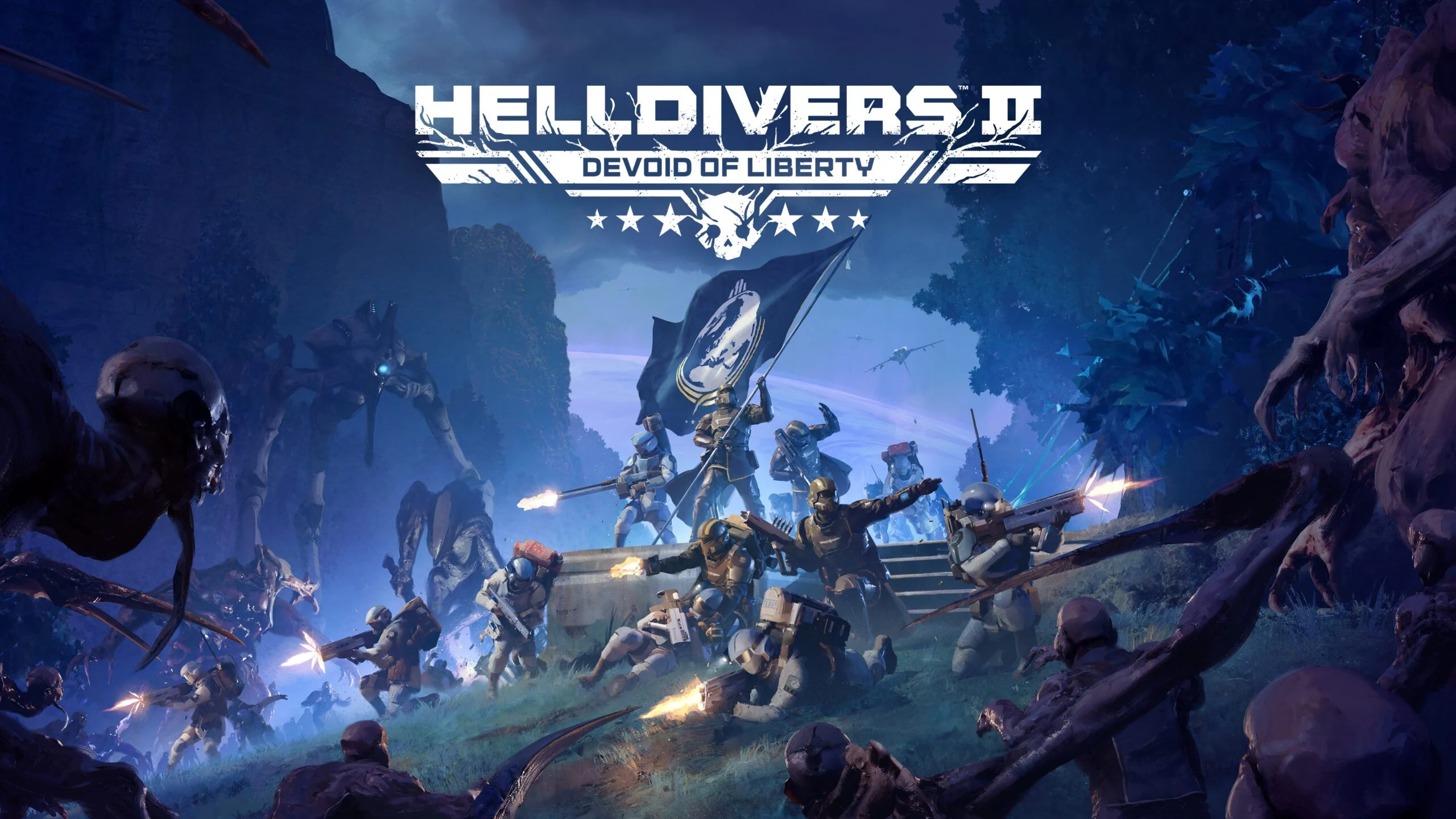 Arte oficial de Helldivers 2: Devoid of Liberty con un escuadrón en combate