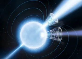 Ilustración oficial de un magnetar con líneas de campo magnético y rayos X polarizados
