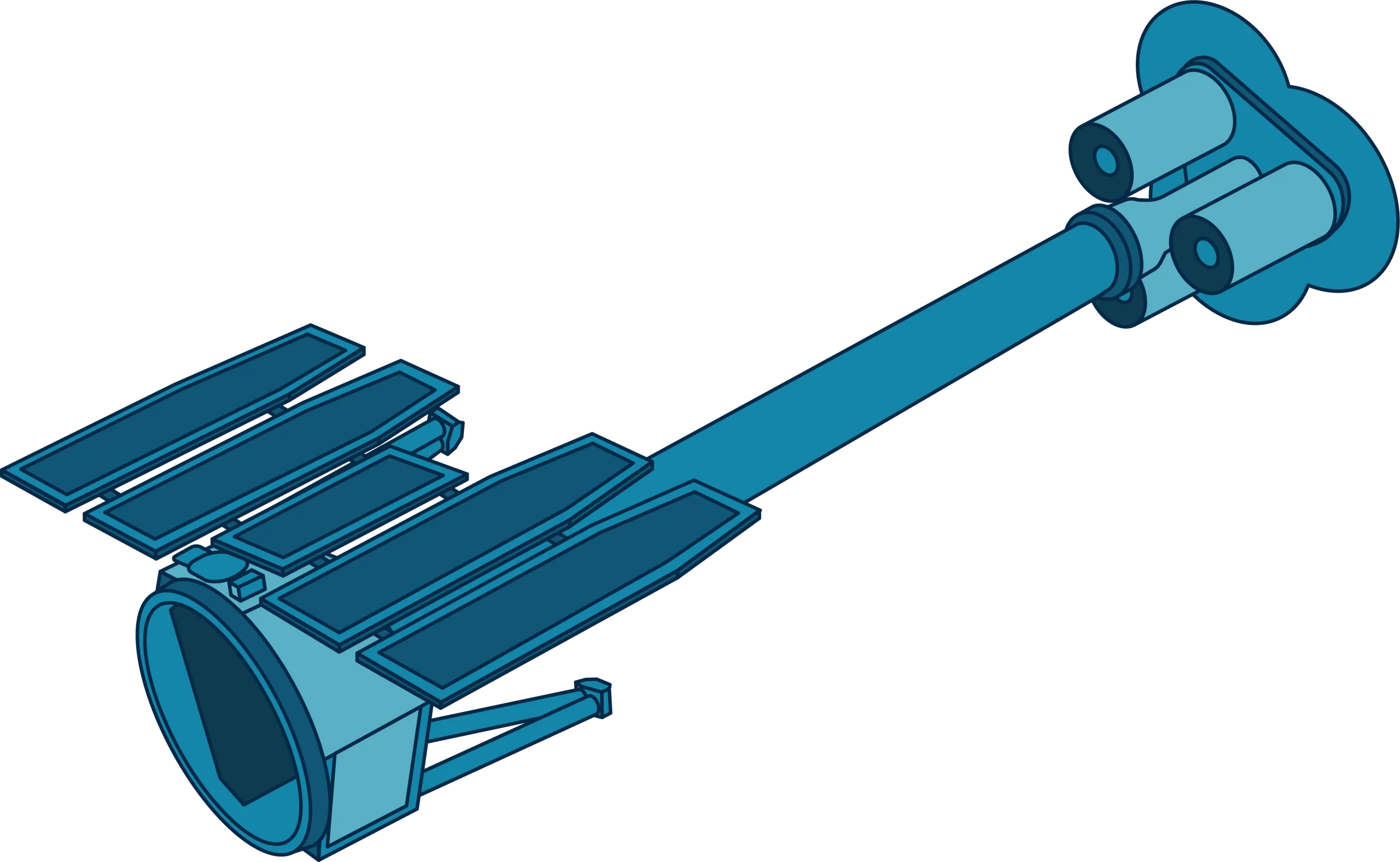 Ilustración del observatorio IXPE con sus tres telescopios de rayos X