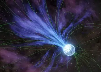Ilustración de un magnetar rodeado por intensas líneas de campo magnético