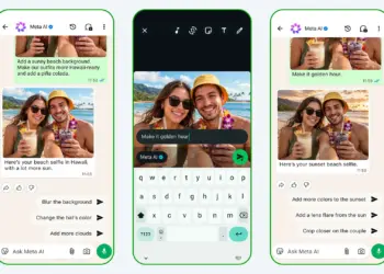 Tres pantallas de WhatsApp muestran la edición de una foto con Meta AI
