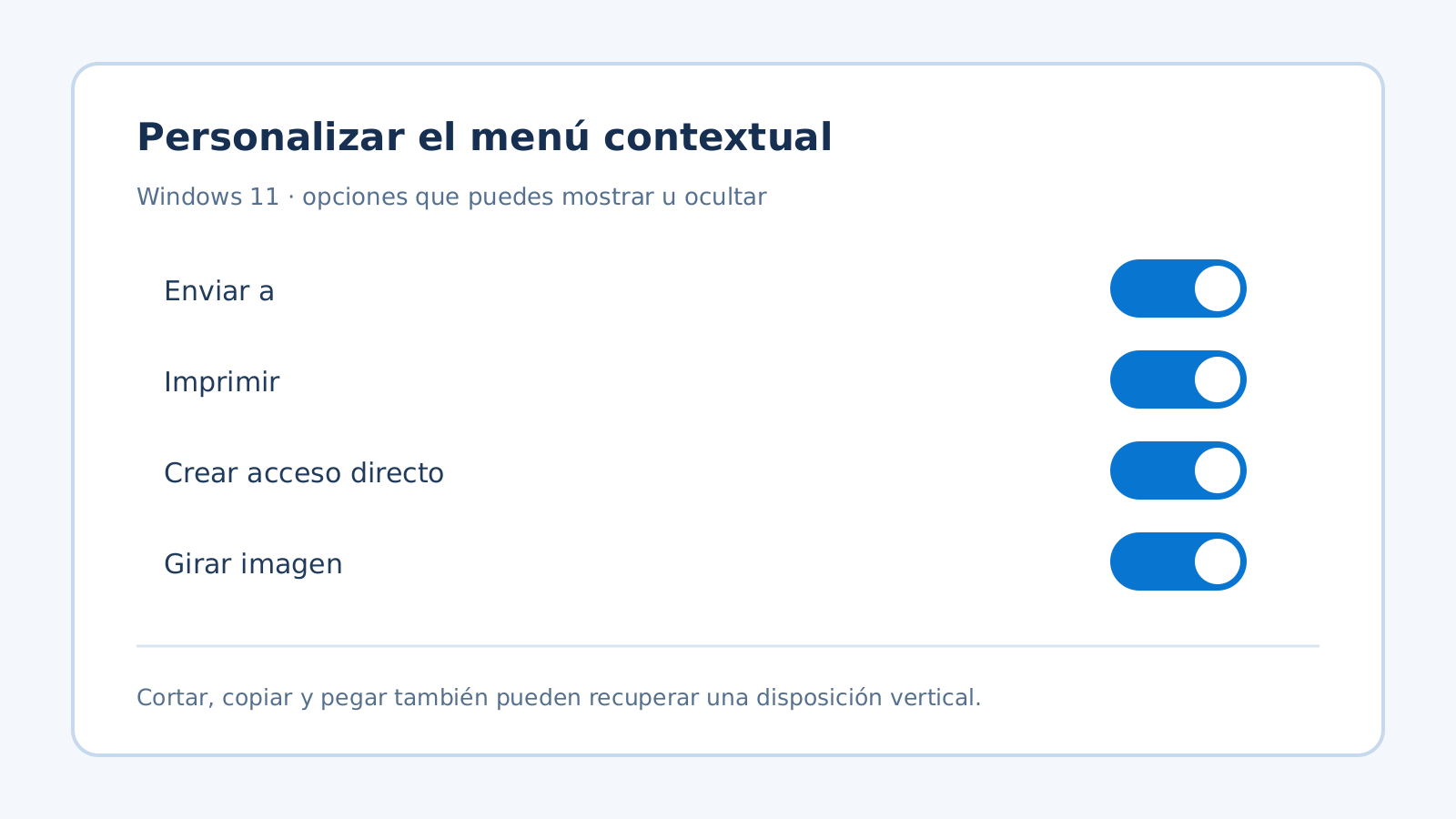 Opciones que Windows 11 permite mostrar u ocultar en el menú contextual