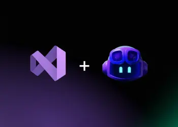 Logotipos de Visual Studio y GitHub Copilot sobre un fondo oscuro