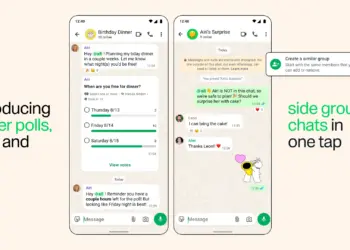 Dos pantallas de WhatsApp muestran una encuesta, la mención @all y la creación de un grupo derivado