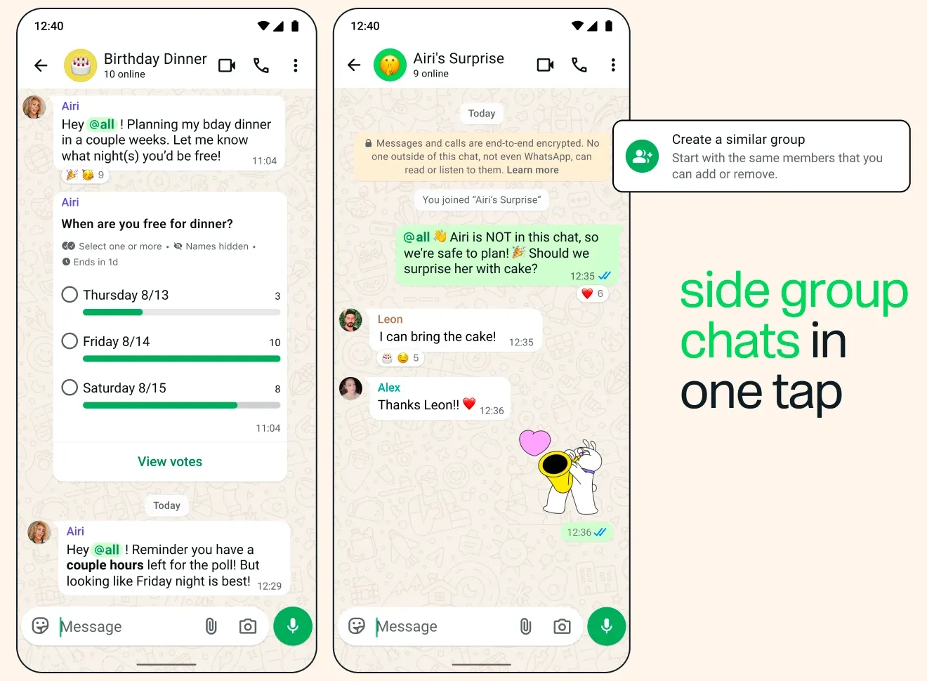 Pantallas oficiales de WhatsApp con una encuesta anónima, la mención @all y la creación de un grupo derivado