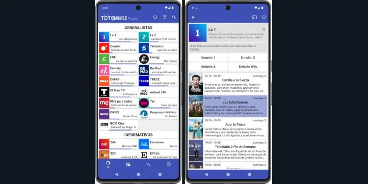 TDTChannels Player en dos teléfonos Android