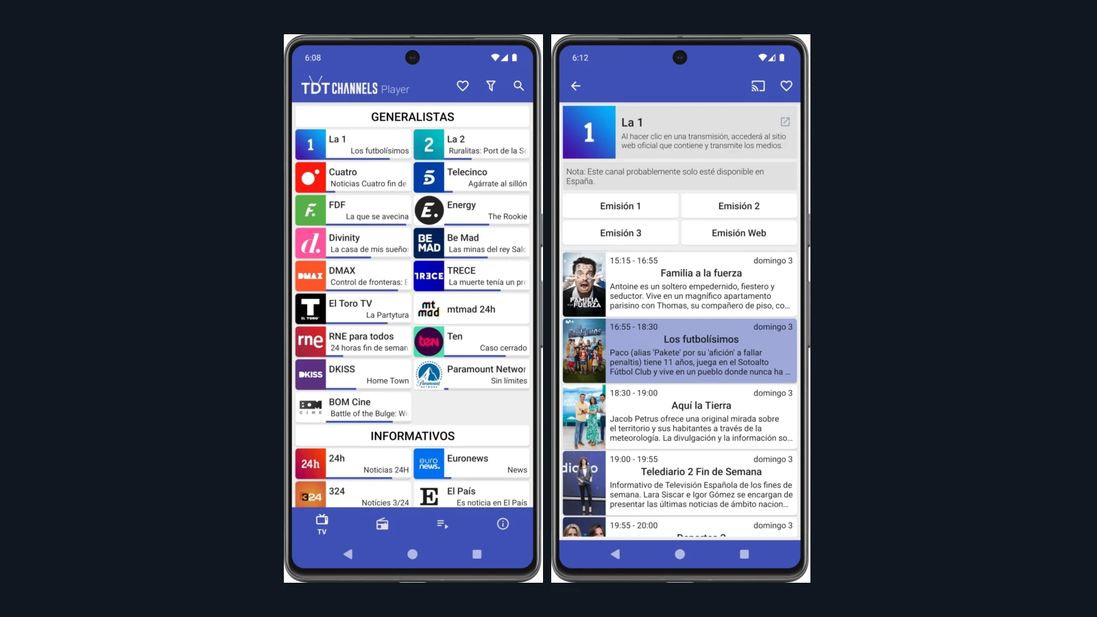 TDTChannels Player en dos teléfonos Android