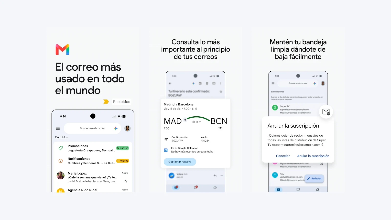 Interfaz de Gmail en tres teléfonos Android