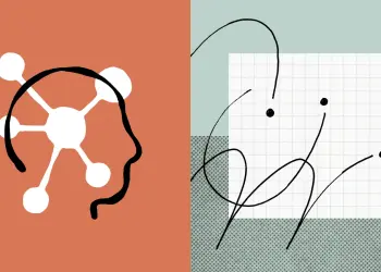Ilustración abstracta de una cabeza y una red de nodos que representa un modelo de inteligencia artificial