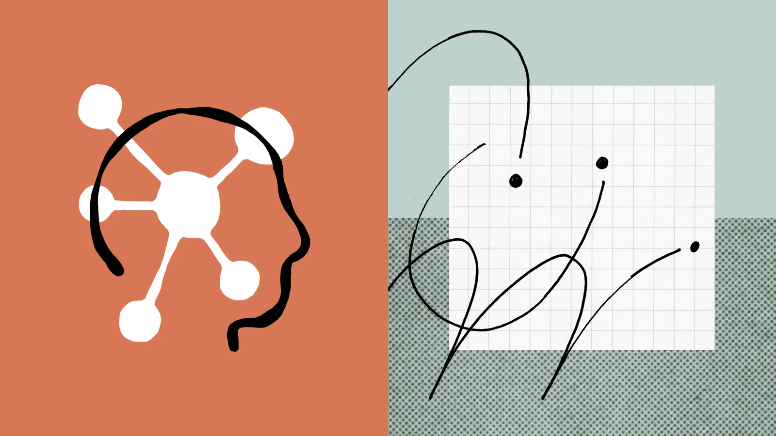 Ilustración abstracta de una cabeza y una red de nodos que representa un modelo de inteligencia artificial