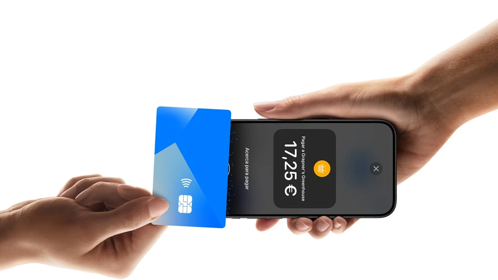 Una tarjeta sin contacto se acerca a un iPhone que muestra una pantalla de cobro