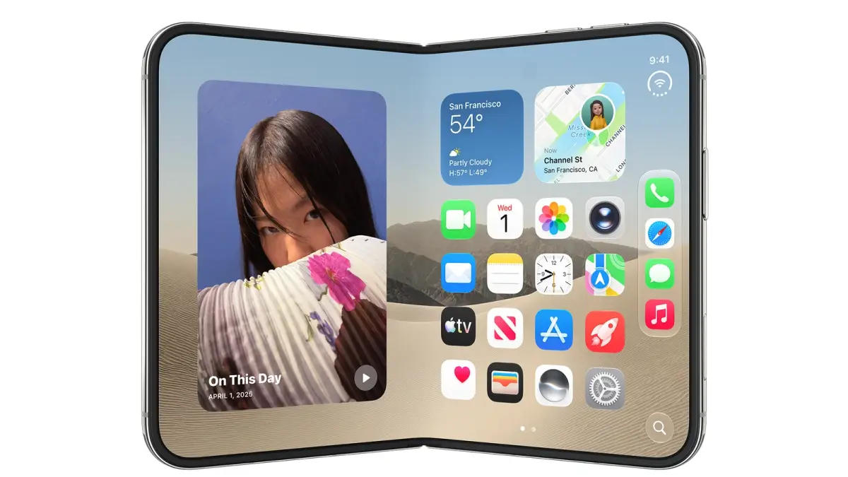 Pantalla de inicio de un iPhone Duo plegable abierta