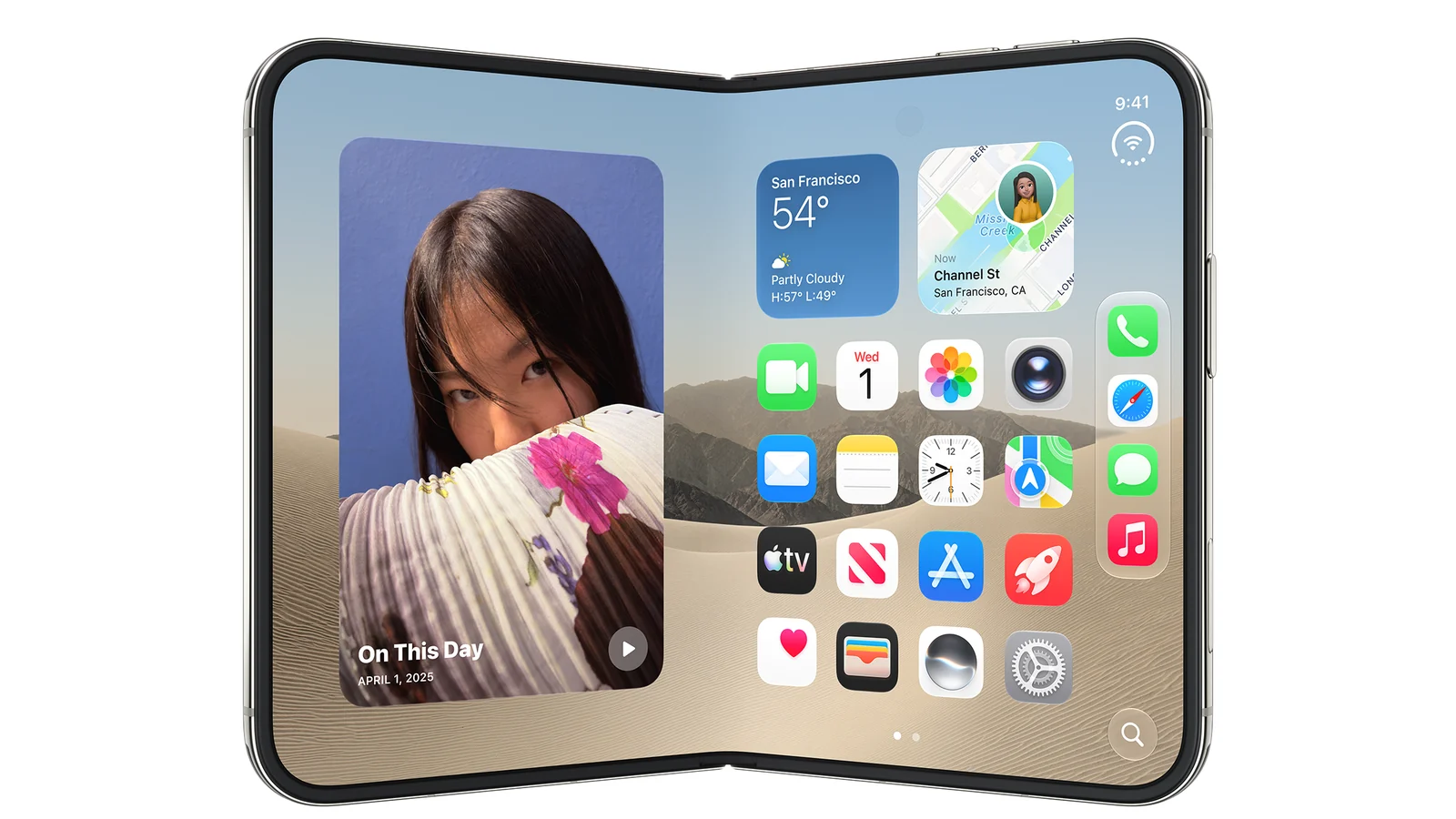Pantalla de inicio de un iPhone Duo plegable abierta