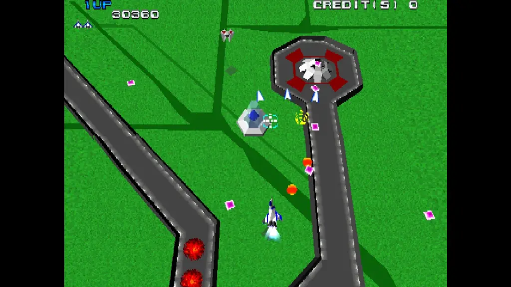 Nave del jugador sobre una zona de combate en Xevious 3D/G