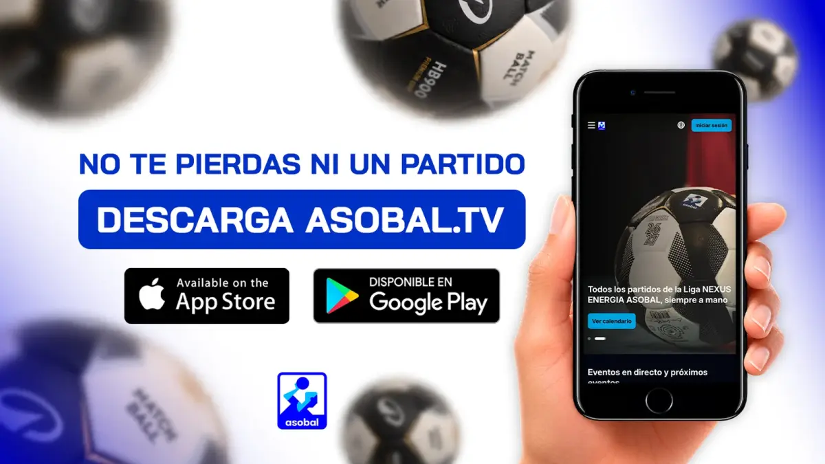 Promoción de ASOBAL TV en un teléfono móvil con enlaces de descarga para App Store y Google Play