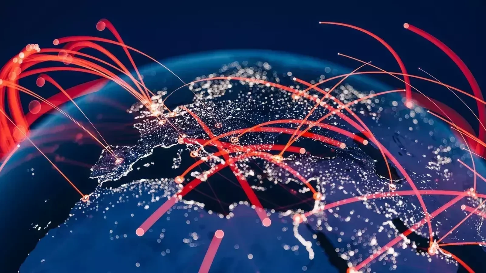 Mapa nocturno de Europa, África y Oriente Medio con conexiones rojas que representan actividad cibernética