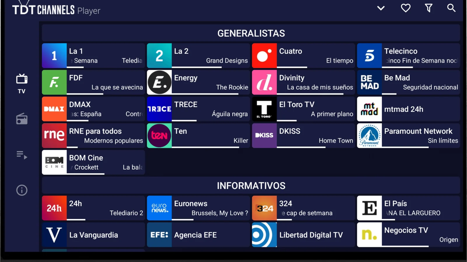 Parrilla de canales de televisión de TDTChannels
