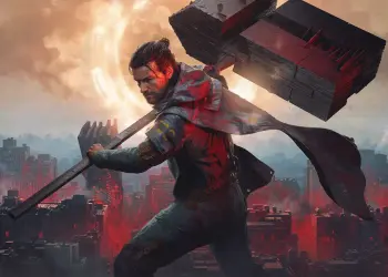 Ilustración de un protagonista armado ante una ciudad cubierta de luces rojas
