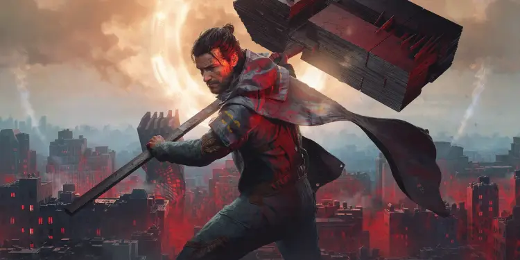 Ilustración de un protagonista armado ante una ciudad cubierta de luces rojas