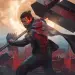 Ilustración de un protagonista armado ante una ciudad cubierta de luces rojas