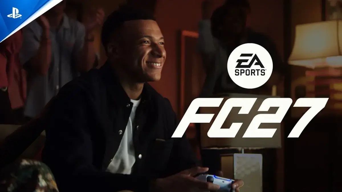 Imagen promocional de EA Sports FC 27 con un jugador que sostiene un mando