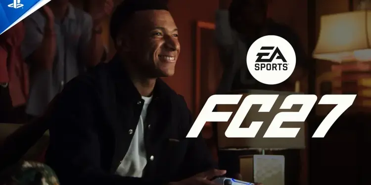 Imagen promocional de EA Sports FC 27 con un jugador que sostiene un mando
