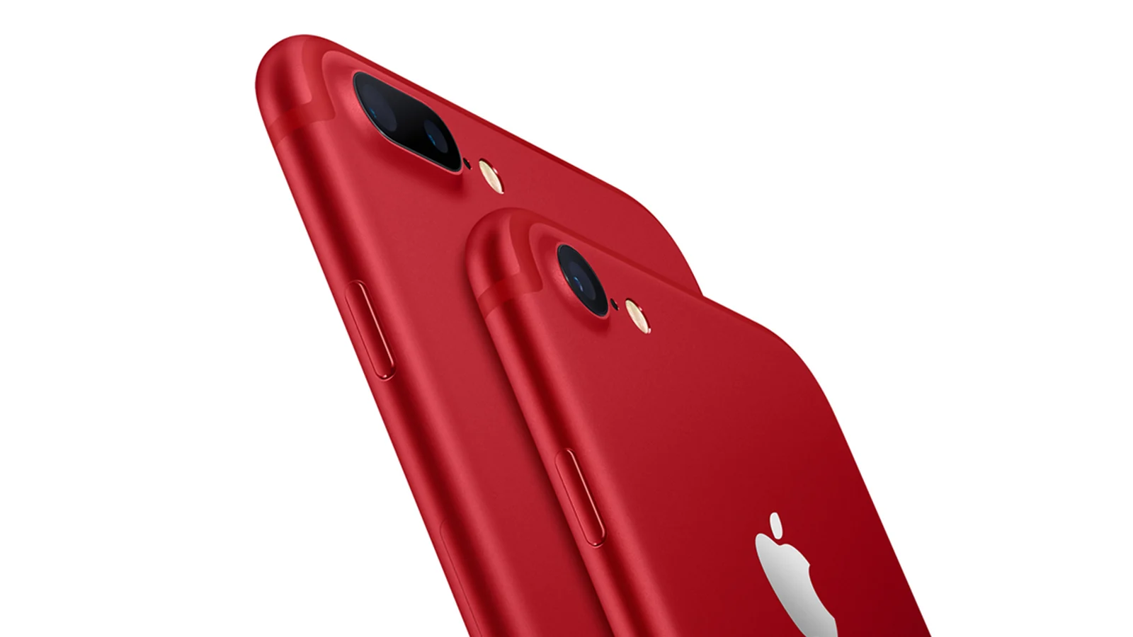 Dos iPhone 7 rojos vistos desde atrás, uno de ellos un iPhone 7 Plus