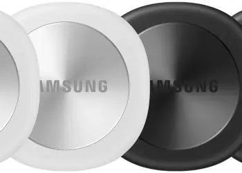 Renders de un localizador Samsung redondeado en blanco y negro