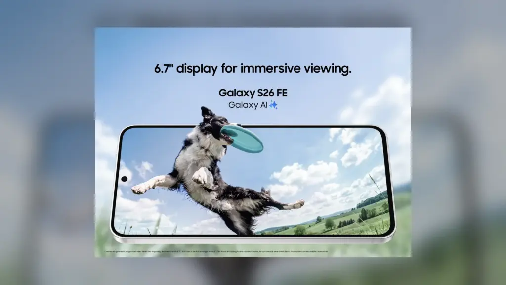 Samsung Galaxy S26 FE mostrando una pantalla con un perro atrapando un disco