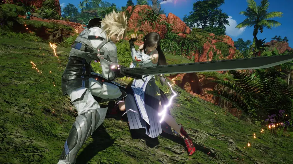 Cloud y una compañera combaten en una zona selvática