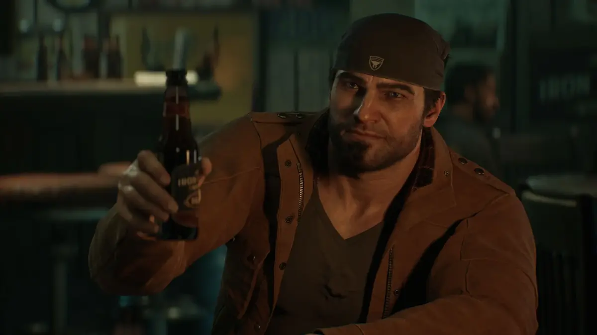 Captura de Gears of War: E-Day con un personaje sentado en un bar sosteniendo una botella