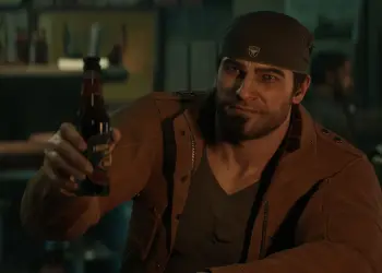 Captura de Gears of War: E-Day con un personaje sentado en un bar sosteniendo una botella
