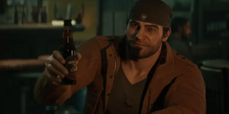 Captura de Gears of War: E-Day con un personaje sentado en un bar sosteniendo una botella