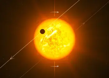 Ilustración de un exoplaneta orbitando su estrella en sentido retrógrado