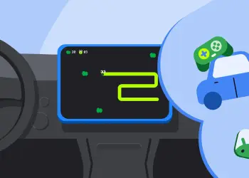 Ilustración de una pantalla de coche con un juego de serpiente, un mando y Android Auto