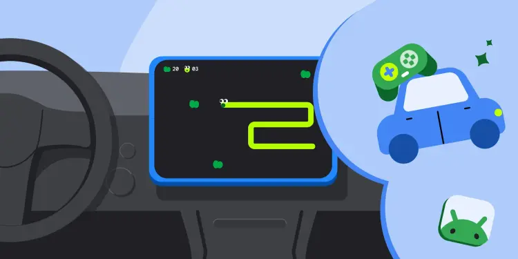 Ilustración de una pantalla de coche con un juego de serpiente, un mando y Android Auto
