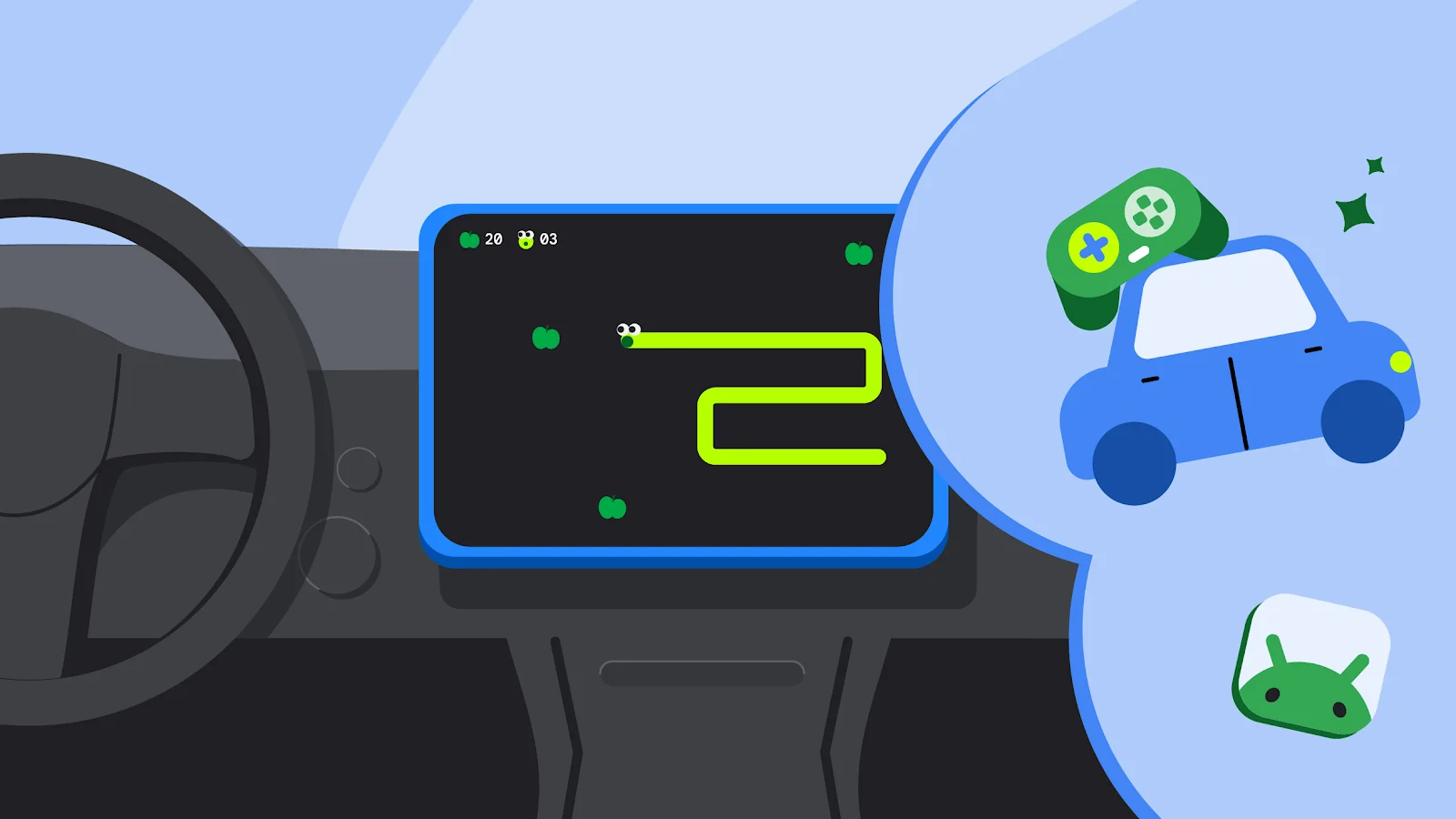 Ilustración de una pantalla de coche con un juego de serpiente, un mando y Android Auto