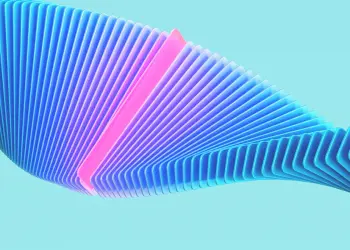 Ilustración abstracta de formas azules y rosas entrelazadas sobre fondo celeste