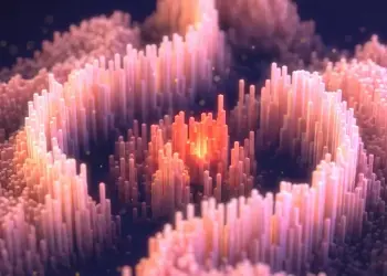 Ilustración abstracta de columnas luminosas en tonos rosa y naranja que evocan datos genómicos