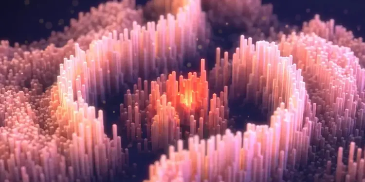 Ilustración abstracta de columnas luminosas en tonos rosa y naranja que evocan datos genómicos