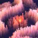 Ilustración abstracta de columnas luminosas en tonos rosa y naranja que evocan datos genómicos