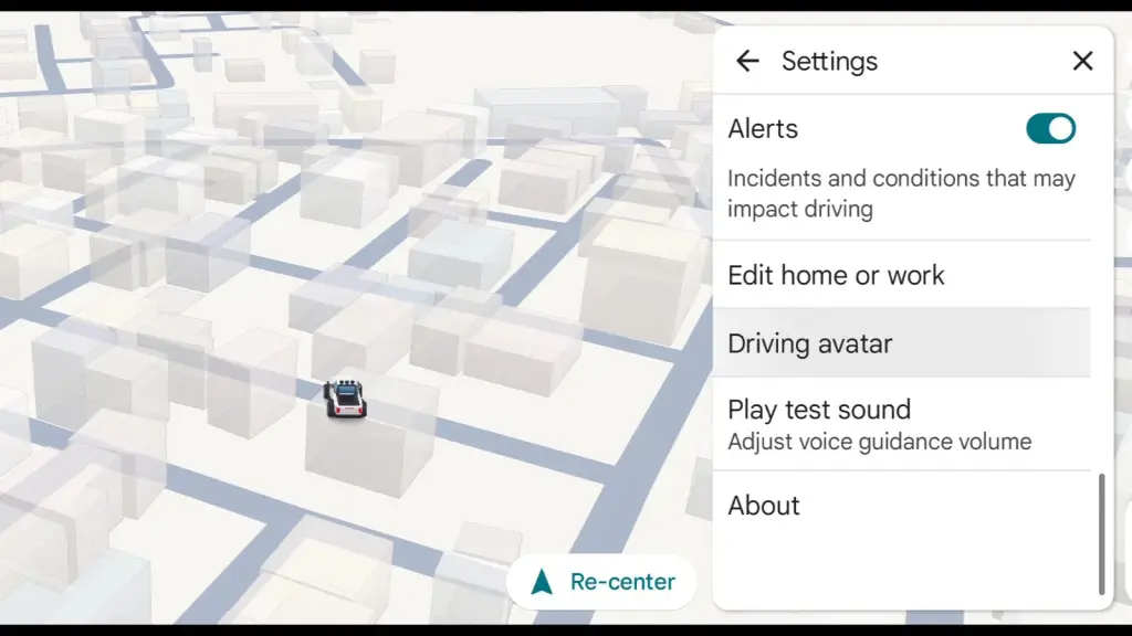Menú de ajustes de Google Maps que incluye la opción «Driving avatar»