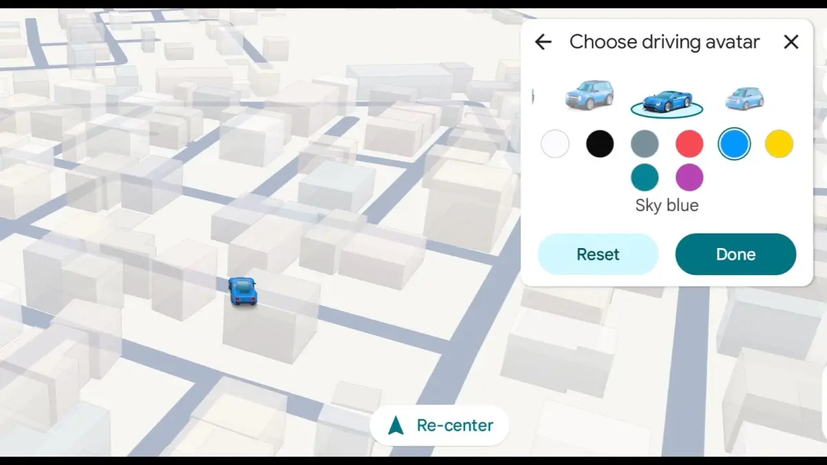 Selector de avatar de conducción de Google Maps con vehículos y colores sobre el mapa