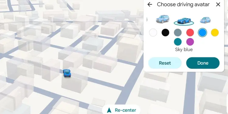 Selector de avatar de conducción de Google Maps con vehículos y colores sobre el mapa