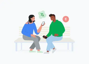 Ilustración de dos personas usando traducción instantánea en sus teléfonos