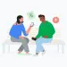 Ilustración de dos personas usando traducción instantánea en sus teléfonos