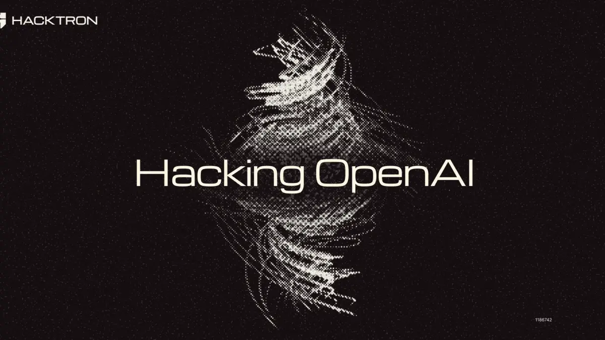 Ilustración de Hacktron con una figura digital distorsionada y el texto “Hacking OpenAI”
