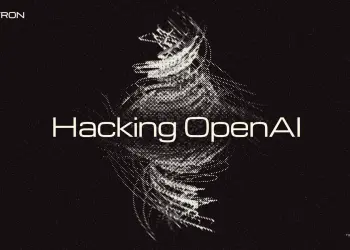 Ilustración de Hacktron con una figura digital distorsionada y el texto “Hacking OpenAI”