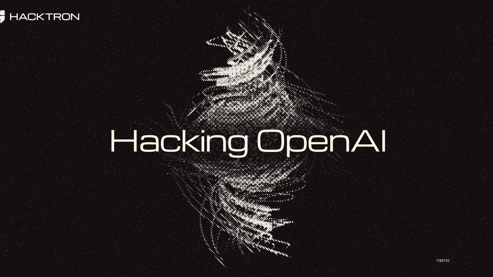 Ilustración de Hacktron con una figura digital distorsionada y el texto “Hacking OpenAI”